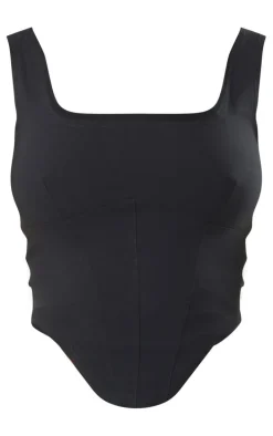 Black Stretch Woven Square Neck Corset Top