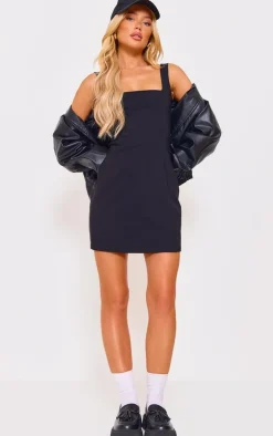 Black Stretch Woven Square Neck Sleeveless Bodycon Dress