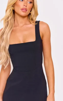 Black Stretch Woven Square Neck Sleeveless Bodycon Dress