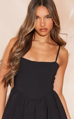 Black Stretch Woven Strappy Floaty Skort Romper