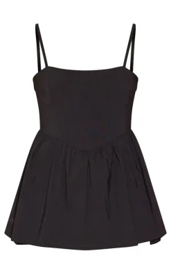 Black Stretch Woven Strappy Floaty Skort Romper