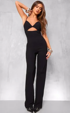 Black Stretch Woven Strappy Cut Out Detail Straight Leg Jumpsuit