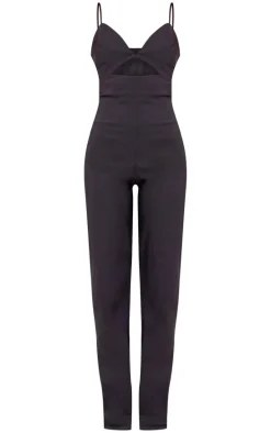 Black Stretch Woven Strappy Cut Out Detail Straight Leg Jumpsuit