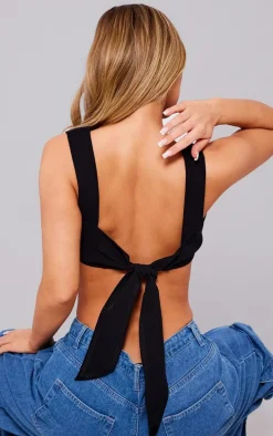 Black Stretch Woven Tie Back Crop Top