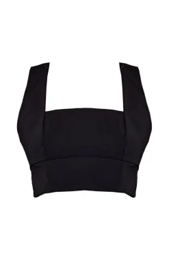 Black Stretch Woven Tie Back Crop Top
