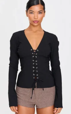 Black Stretch Woven Tie Front Fitted Shirt