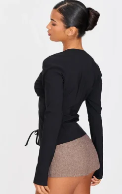 Black Stretch Woven Tie Front Fitted Shirt