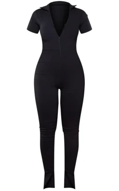 Black Stretch Woven Zip Front Collar Detail Jumpsuit