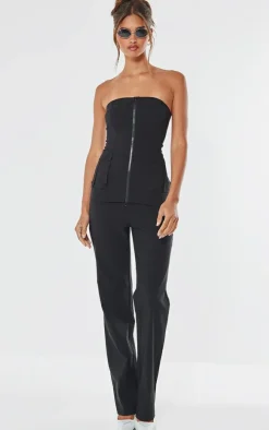 Black Stretch Woven Zip Front Cargo Longline Bandeau