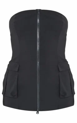 Black Stretch Woven Zip Front Cargo Longline Bandeau