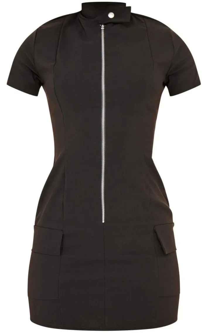 Black Stretch Woven Zip Pocket Bodycon Dress