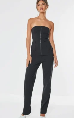 Black Stretched Woven Straight Leg Pants