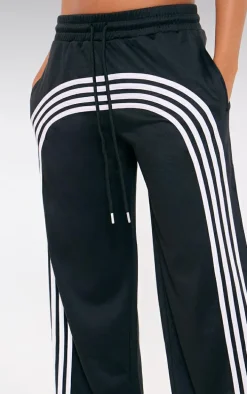 Black Stripe Detail Wide Leg Tricot Track Pants