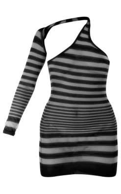 Black Stripe Sheer Knit One Sleeve Dress
