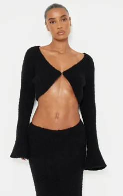 Black Stripe Textured Knit Flared Sleeve Mini Cardigan