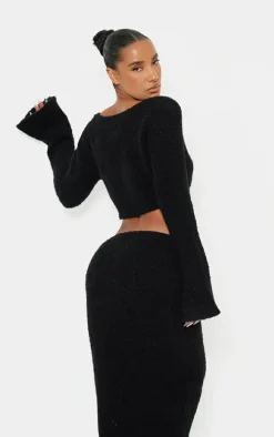 Black Stripe Textured Knit Flared Sleeve Mini Cardigan