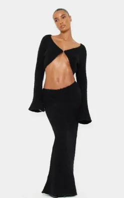 Black Stripe Textured Knit Flared Sleeve Mini Cardigan