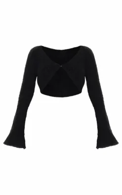 Black Stripe Textured Knit Flared Sleeve Mini Cardigan