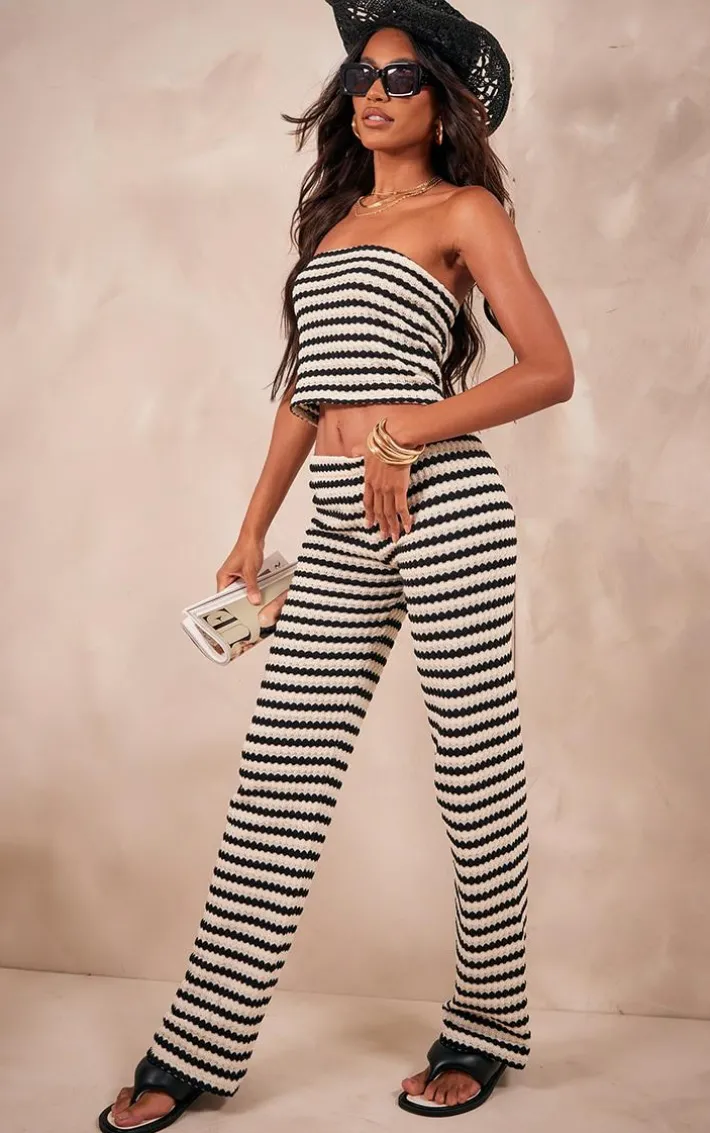 Black Stripe Textured Rib Flared Pants