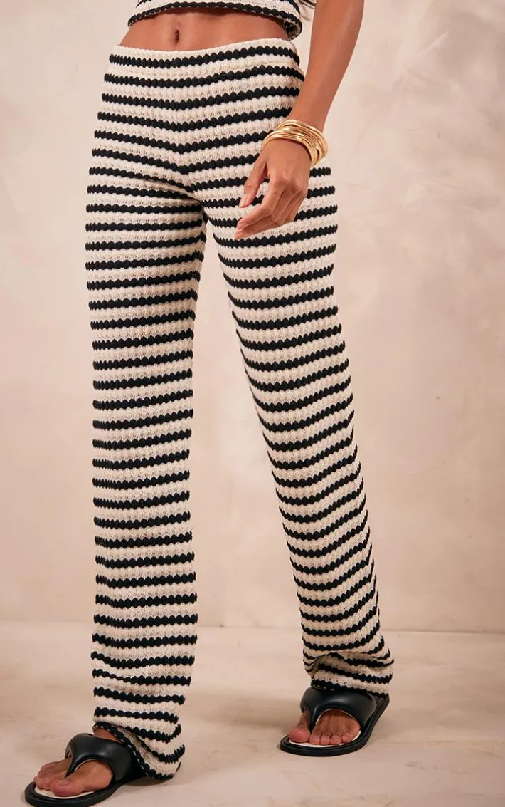 Black Stripe Textured Rib Flared Pants