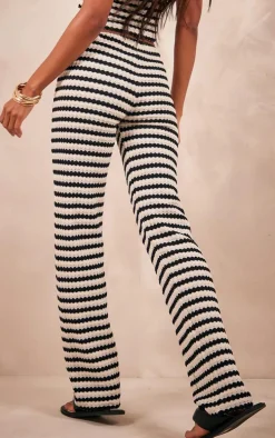 Black Stripe Textured Rib Flared Pants