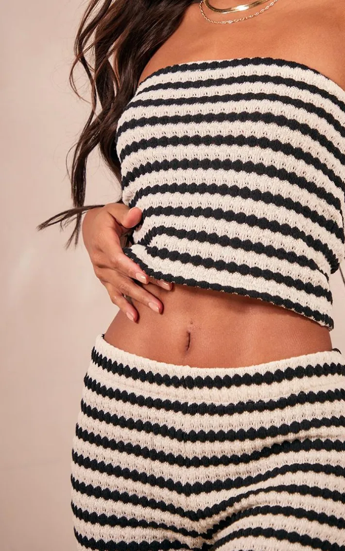 Black Stripe Textured Rib Flared Pants