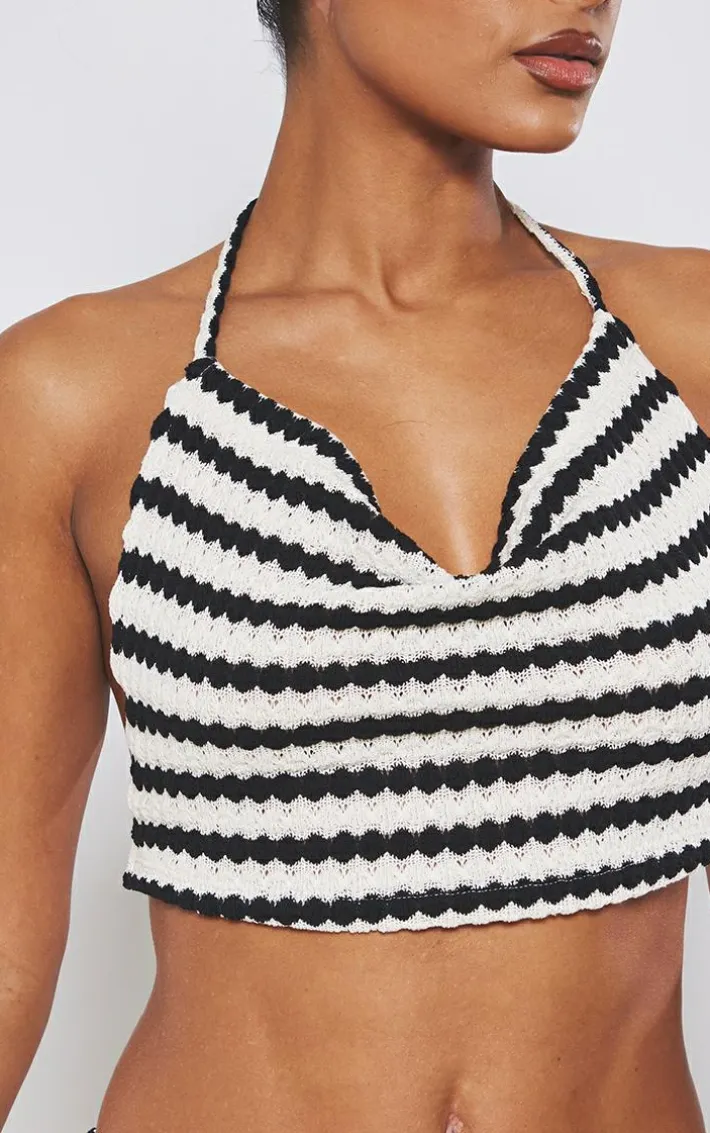 Black Stripe Textured Rib Open Tie Back Cowl Neck Crop Top