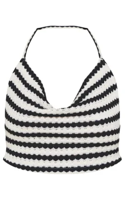Black Stripe Textured Rib Open Tie Back Cowl Neck Crop Top