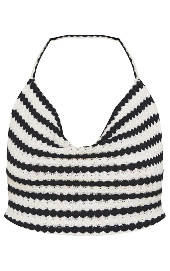 Black Stripe Textured Rib Open Tie Back Cowl Neck Crop Top