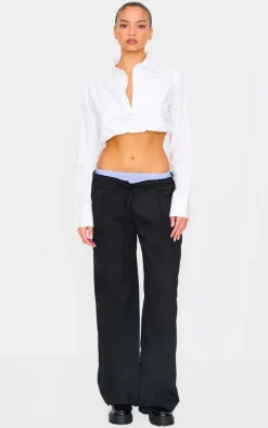 Black Striped Double Waistband Drawstring Wide Leg Tailored Pants