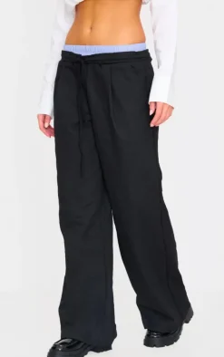 Black Striped Double Waistband Drawstring Wide Leg Tailored Pants