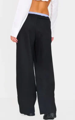 Black Striped Double Waistband Drawstring Wide Leg Tailored Pants