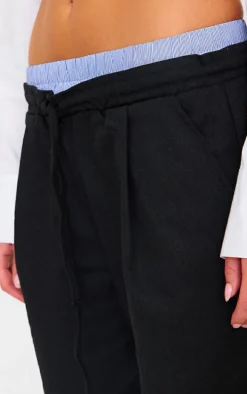 Black Striped Double Waistband Drawstring Wide Leg Tailored Pants