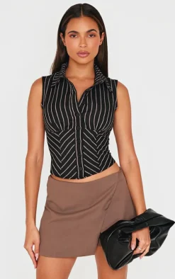 Black Striped Fitted Sleeveless Shirt