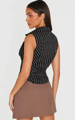 Black Striped Fitted Sleeveless Shirt