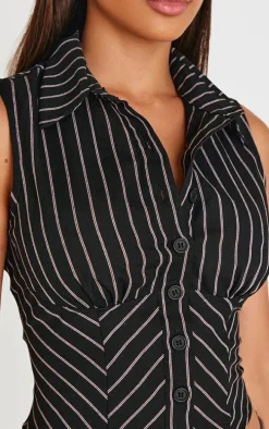 Black Striped Fitted Sleeveless Shirt