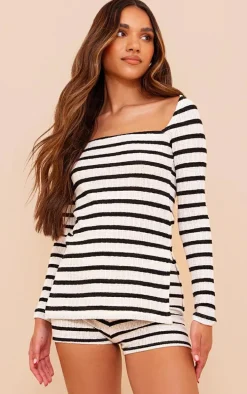 Black Striped Textured Rib Long Sleeve Split Hem Longline Top