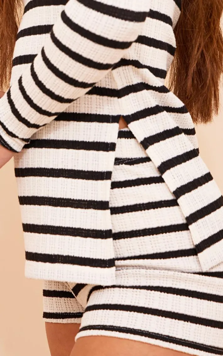 Black Striped Textured Rib Long Sleeve Split Hem Longline Top