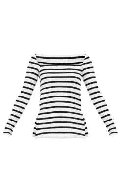 Black Striped Textured Rib Long Sleeve Split Hem Longline Top