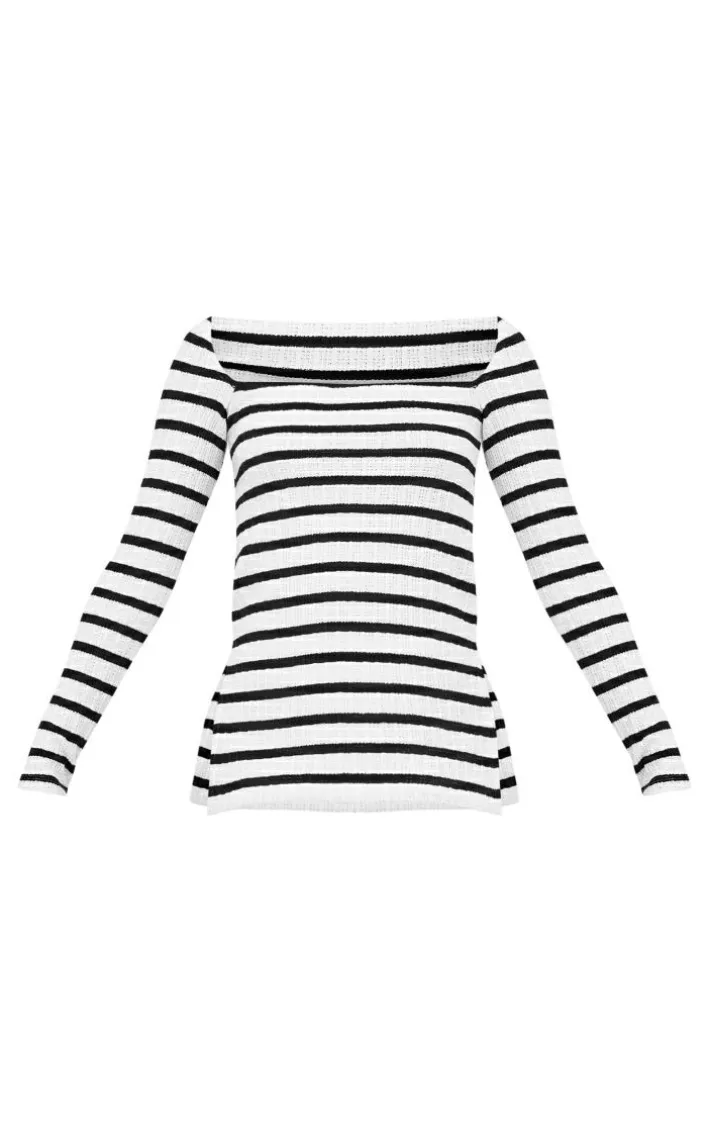 Black Striped Textured Rib Long Sleeve Split Hem Longline Top