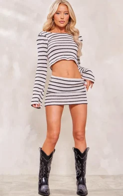 Black Striped Textured Rib Long Sleeve Backless Crop Top