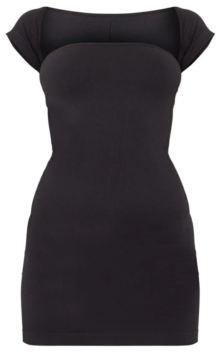 Black Structured Contour Cap Sleeve Bodycon Dress