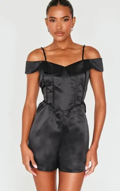 Black Structured Satin Bardot Floaty Romper