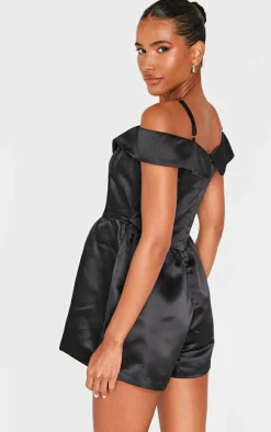 Black Structured Satin Bardot Floaty Romper