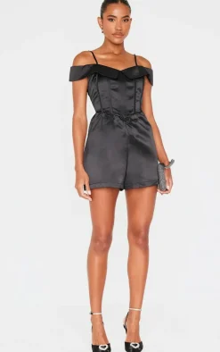 Black Structured Satin Bardot Floaty Romper