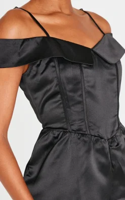 Black Structured Satin Bardot Floaty Romper