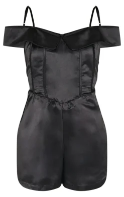 Black Structured Satin Bardot Floaty Romper