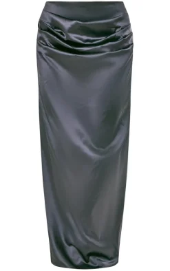 Black Structured Satin Ruched Waist Maxi Skirt