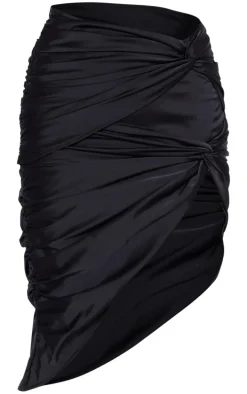 Black Structured Satin Ruched Double Knot Midi Skirt