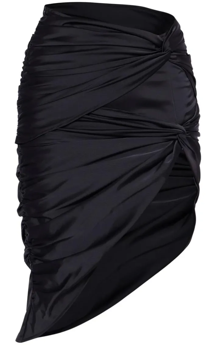 Black Structured Satin Ruched Double Knot Midi Skirt